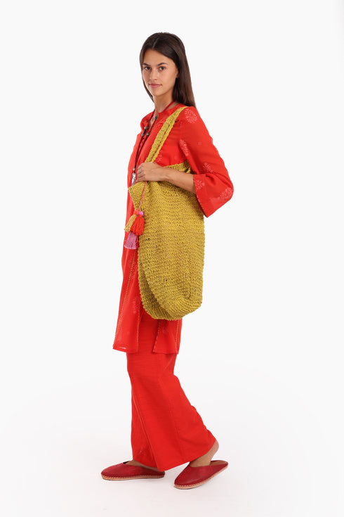 Embroidery tunic with contrast color piping in printed cotton voile
